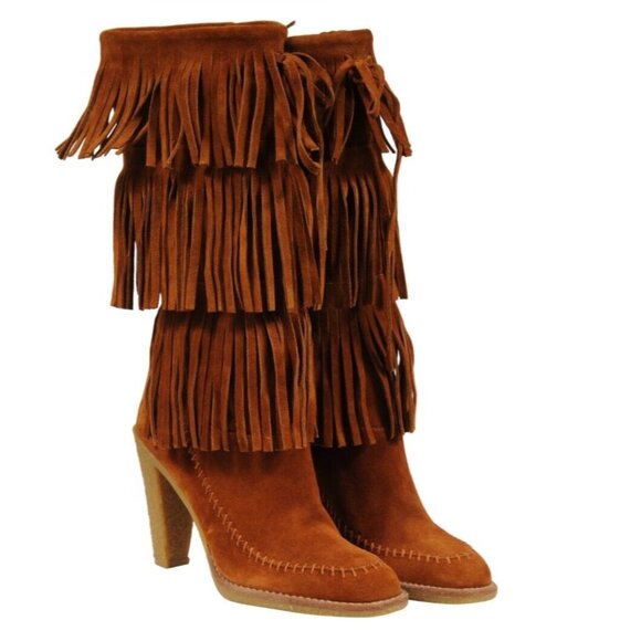 Michael Kors Womens Fringe Western Boots Crepe Sole US 7.5 Tan Brown Suede